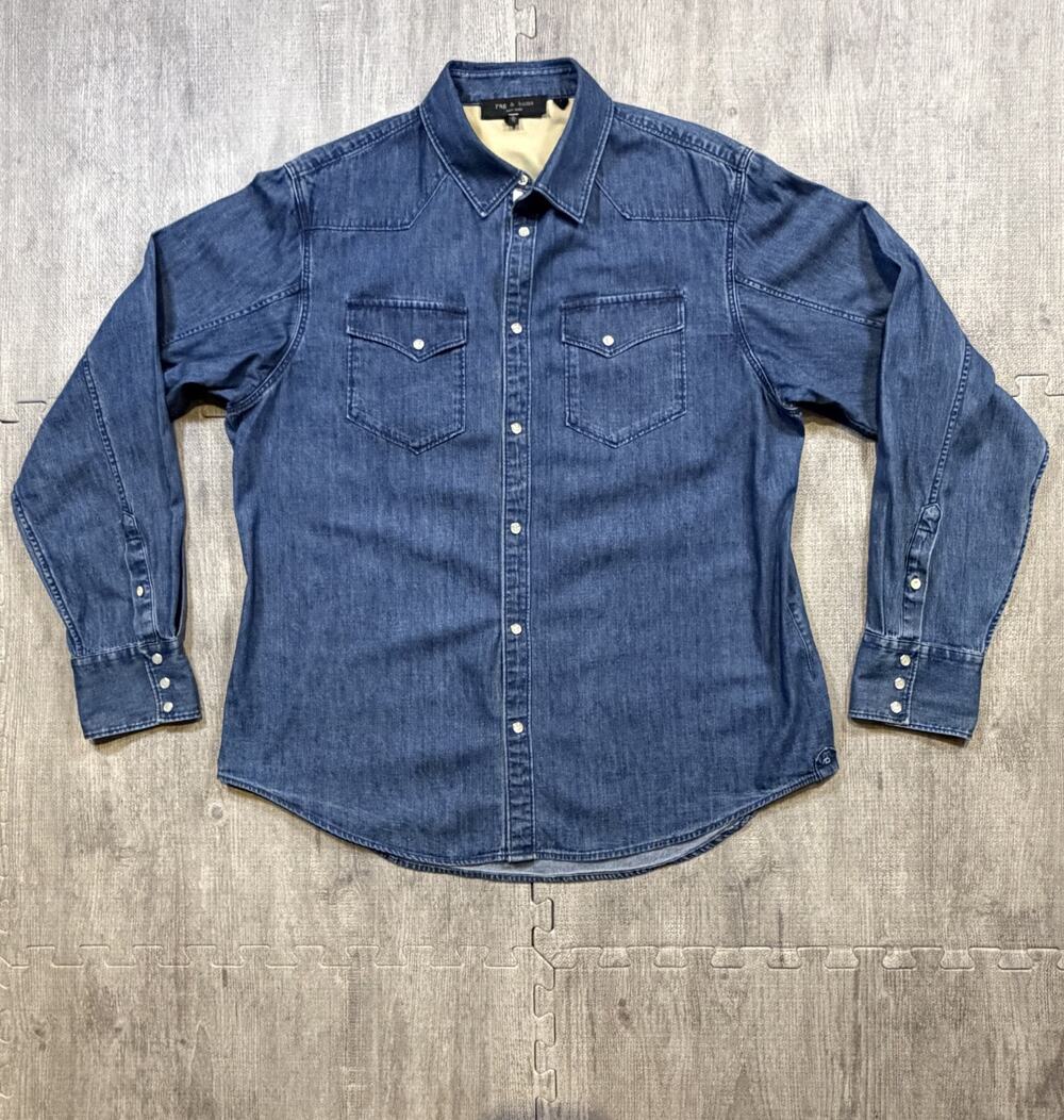 rag & bone Denim Western Shirt Mens Sz XL Blue 100% Cotton Pearl Snap Pockets